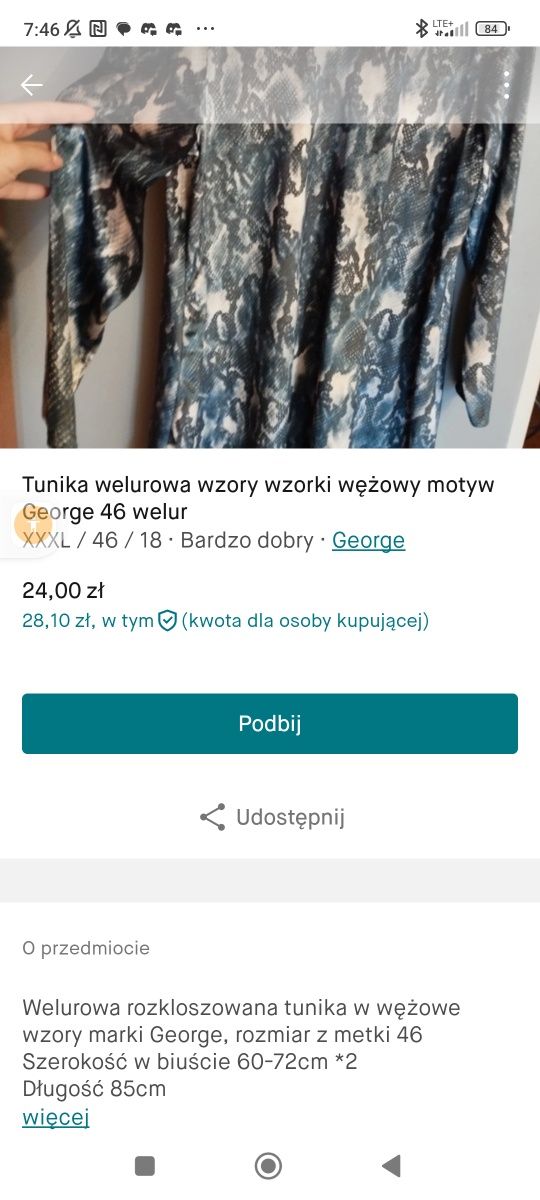 Rozkloszowana welurowa tunika wzory wzorki George 46