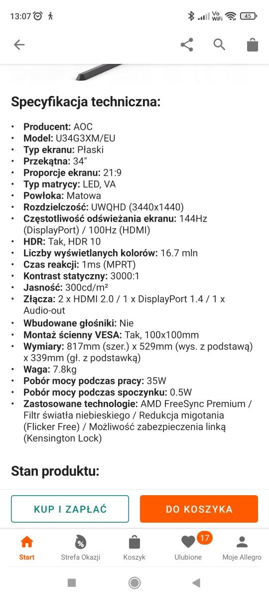 Monitor AOC Gamingowy  34 cale 144Hz  34"