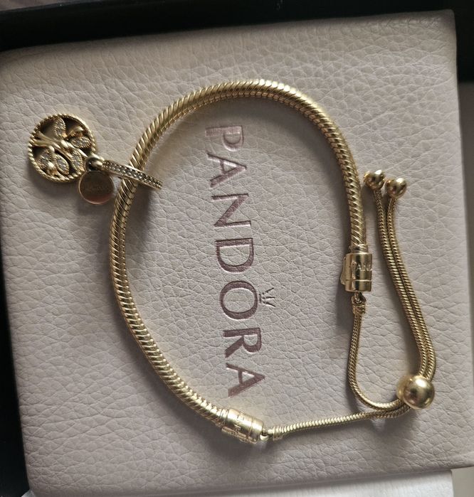 Pandora bransoletka + charms. Platerowane 14k złotem