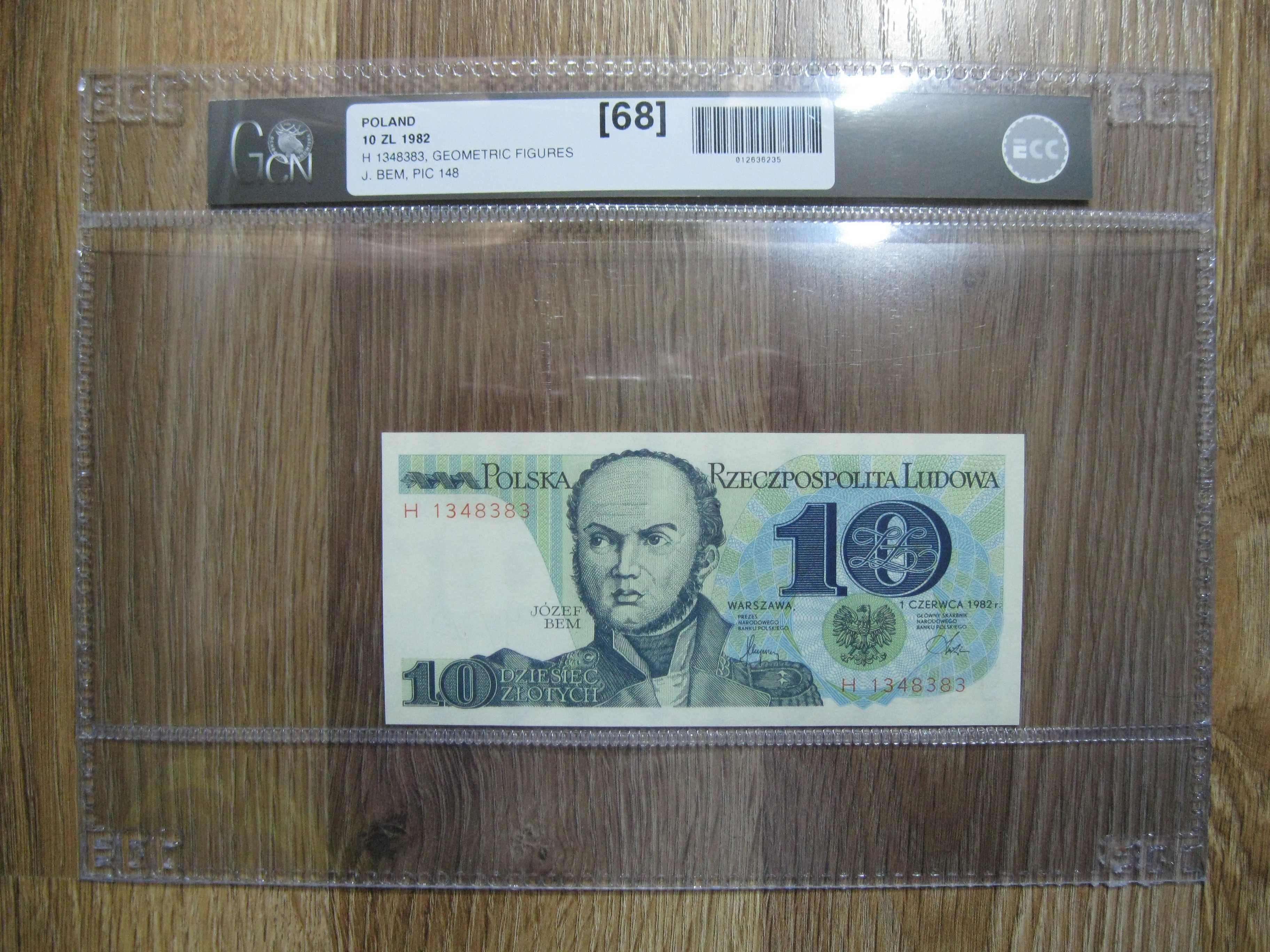 Banknot PRL 10 złotych 1982 rok seria H Józef Bem grading GCN 68