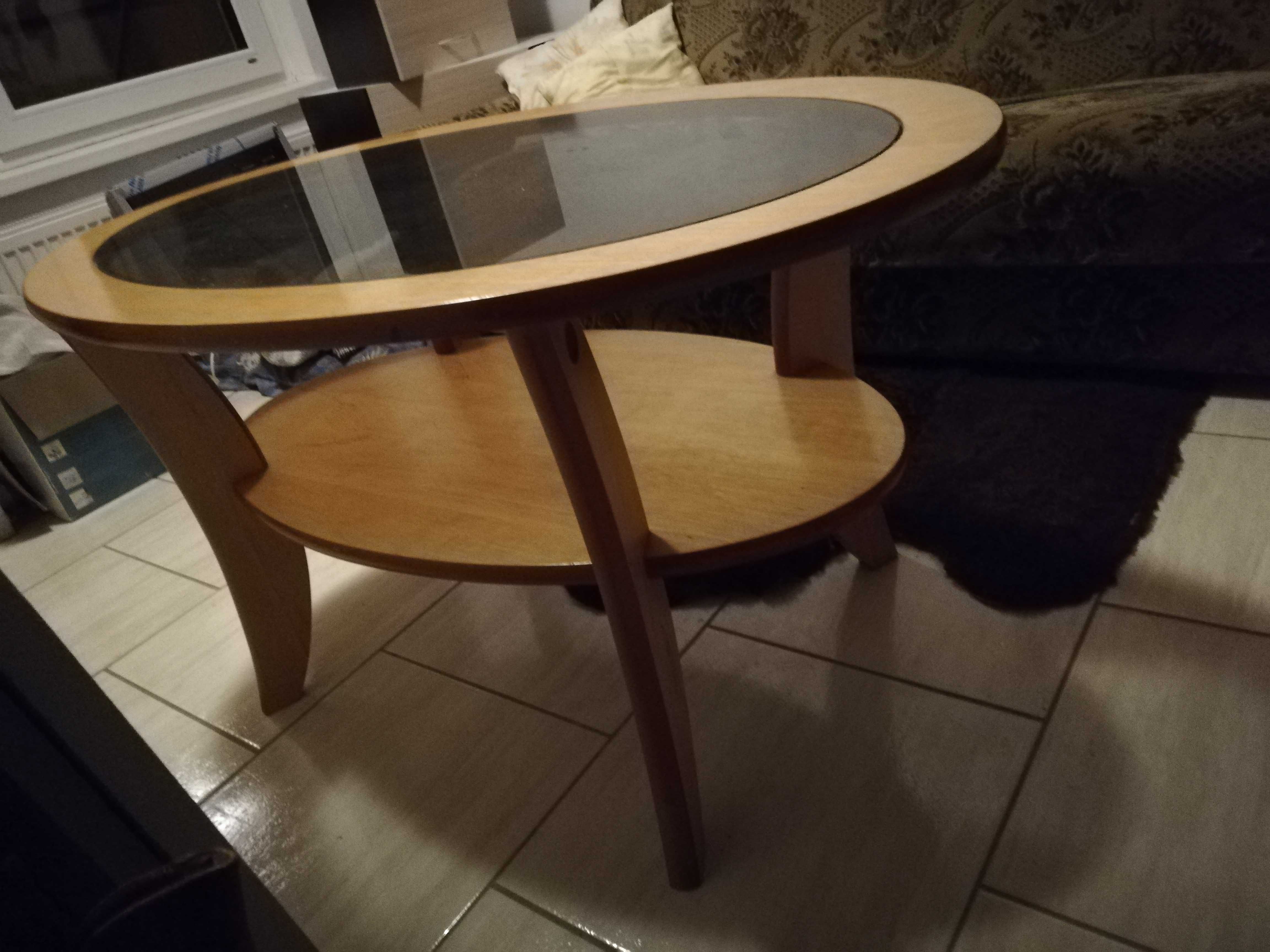 Stół drewniany owalny z szybą w blacie, z półką PRL 106x68x59cm