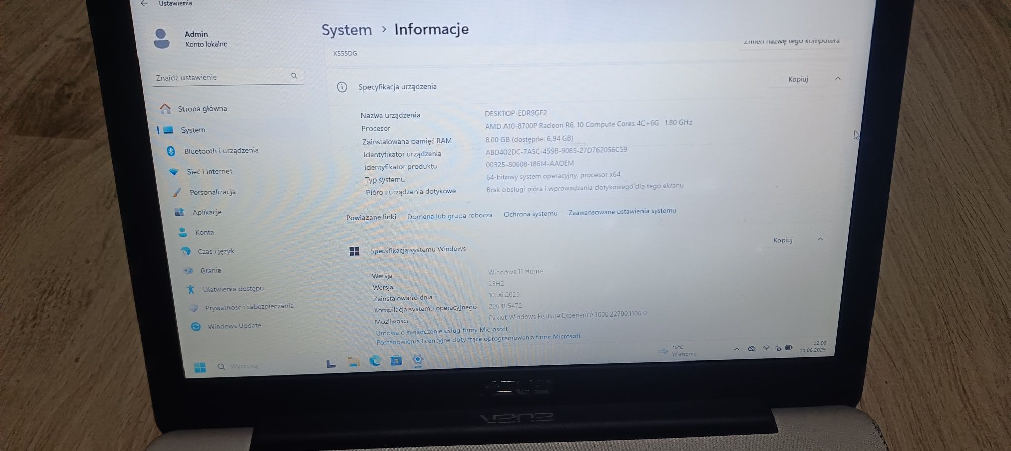 Laptop 15,6" Asus F555D 8 gb ram  500 gb Windows 11