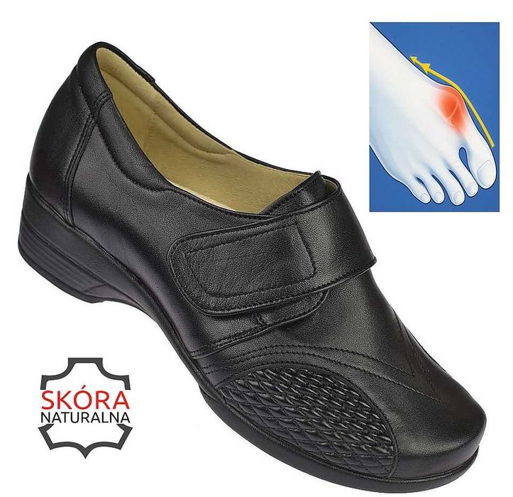 Skórzane buty damskie na haluksy na rzepy Polskie AG-1470 czarne r. 40