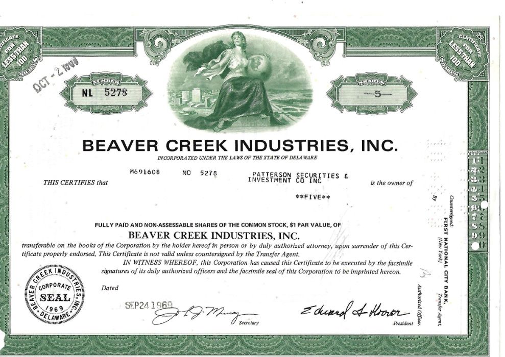 Bonds Shares Ações Beaver Creek Industries, Inc 1969 USA