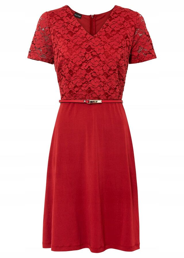 Czerwona sukienka koronkowa Bonprix z paskiem r.44