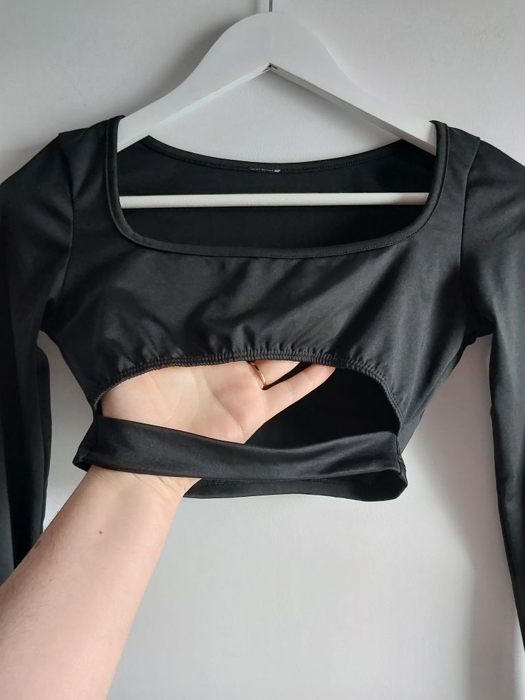 Crop top damski czarny top z długim rękawem