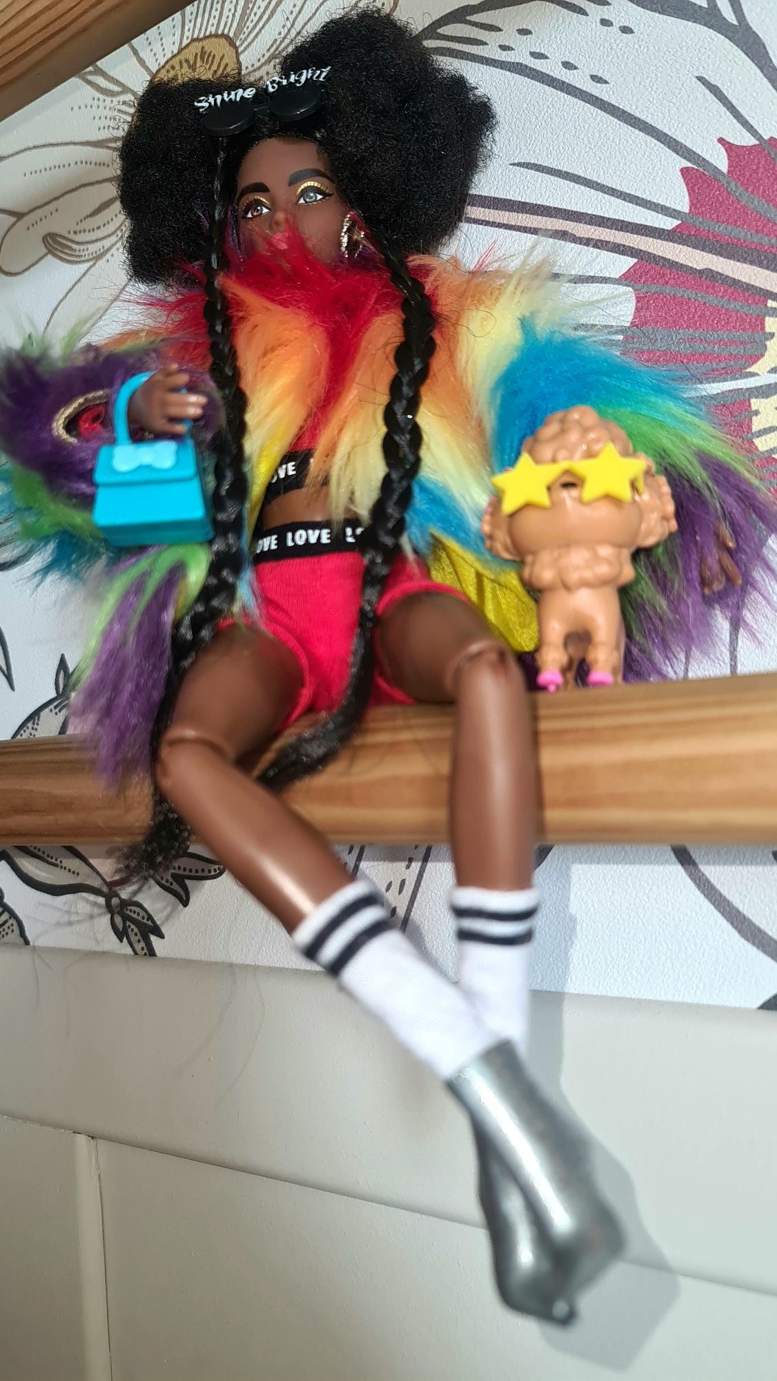 Barbie Lalka Tęczowy Płaszcz z Pudlem Brunetka Afro i Plecione Warkocz