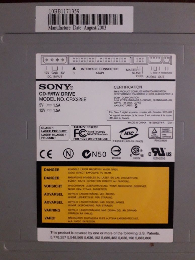 Продам SONY cd-r/rw drive Model no. crx225e