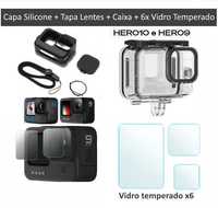 GoPro 12/11/10/9 Black - Caixa + Capa Silicone + Vidro Temperado(x3)