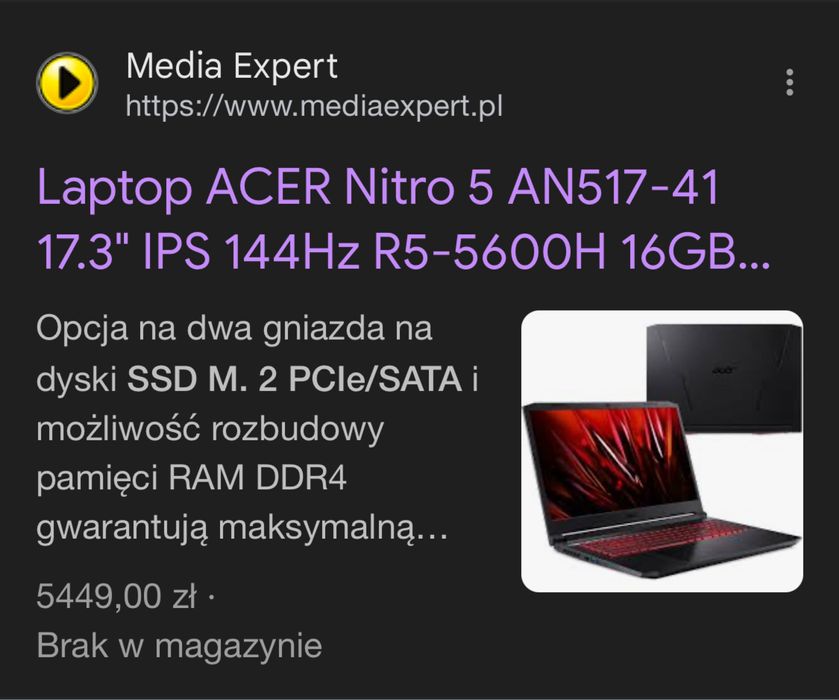 Laptop ACER Nitro 5 rtx 3050ti ryzen 5  17.3" IPS 144Hz