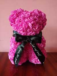 Ведмедик з троянд яскраво-рожевого кольору 25 см.Мішка з роз.Подарунок