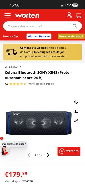 Coluna sony SRS-XB43