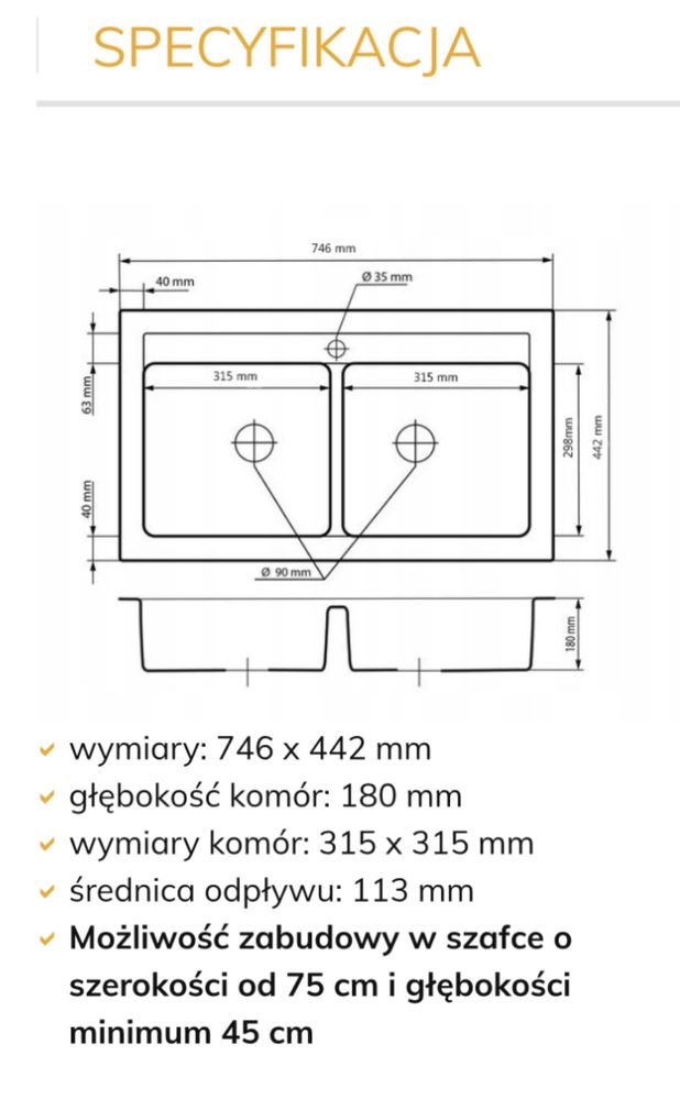 Zlewozmywak dwukomorowy granitowy model DUET biały