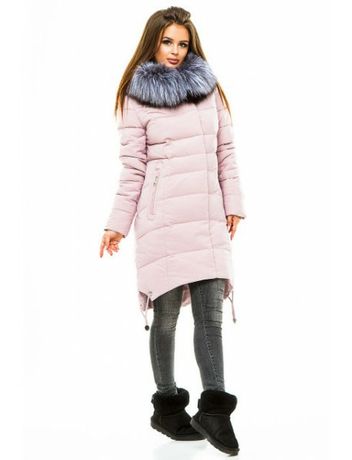 Длинная зимняя куртка розовая с натуральным мехом