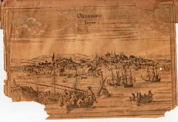 Placa para gravura (imagem de Lisboa e o Tejo em 1704) com Prensa