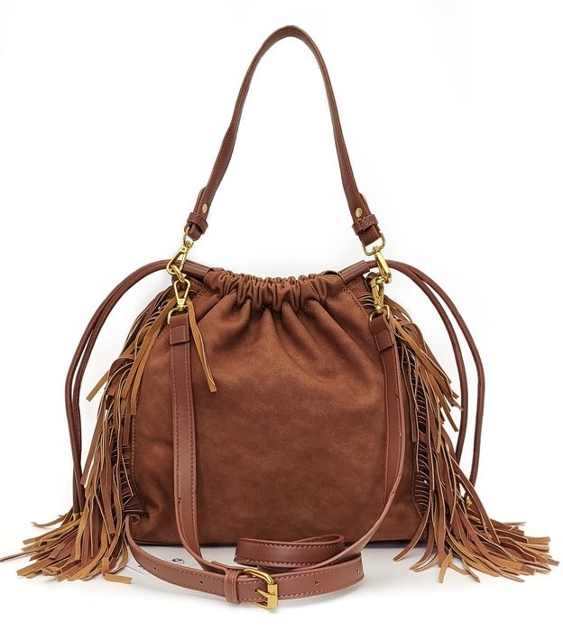 Elegancka Torebka Listonoszka Worek z Frędzlami Styl Boho Western Brąz