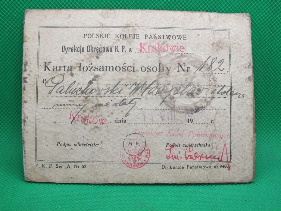 Unikat-Karta Tożsamości Polskie Koleje Państwowe dyr.w Krakowie 1938