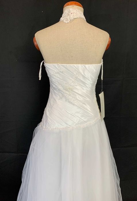 Nowa Unikatowa suknia ślubna 38 M halter brokat glamour linia A biała