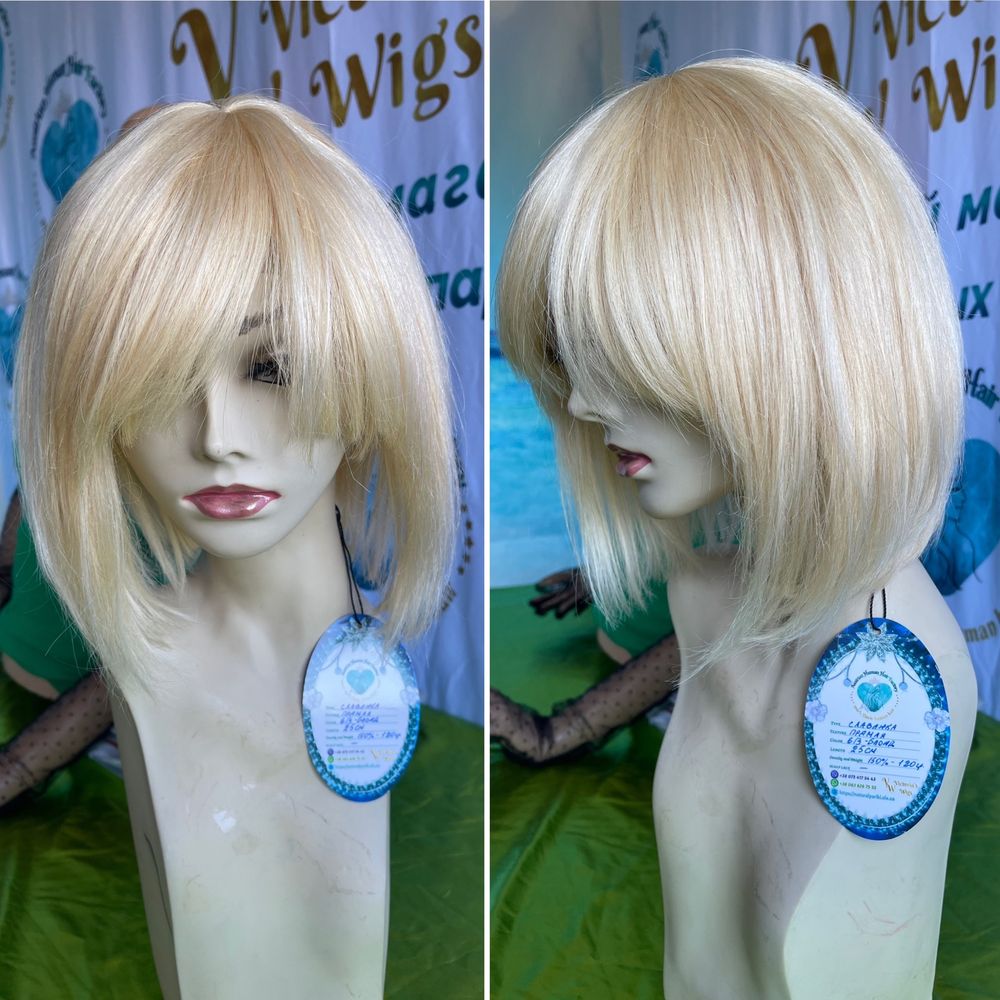 Натуральный парик перука каре блонд с чёлкой славянские волосы