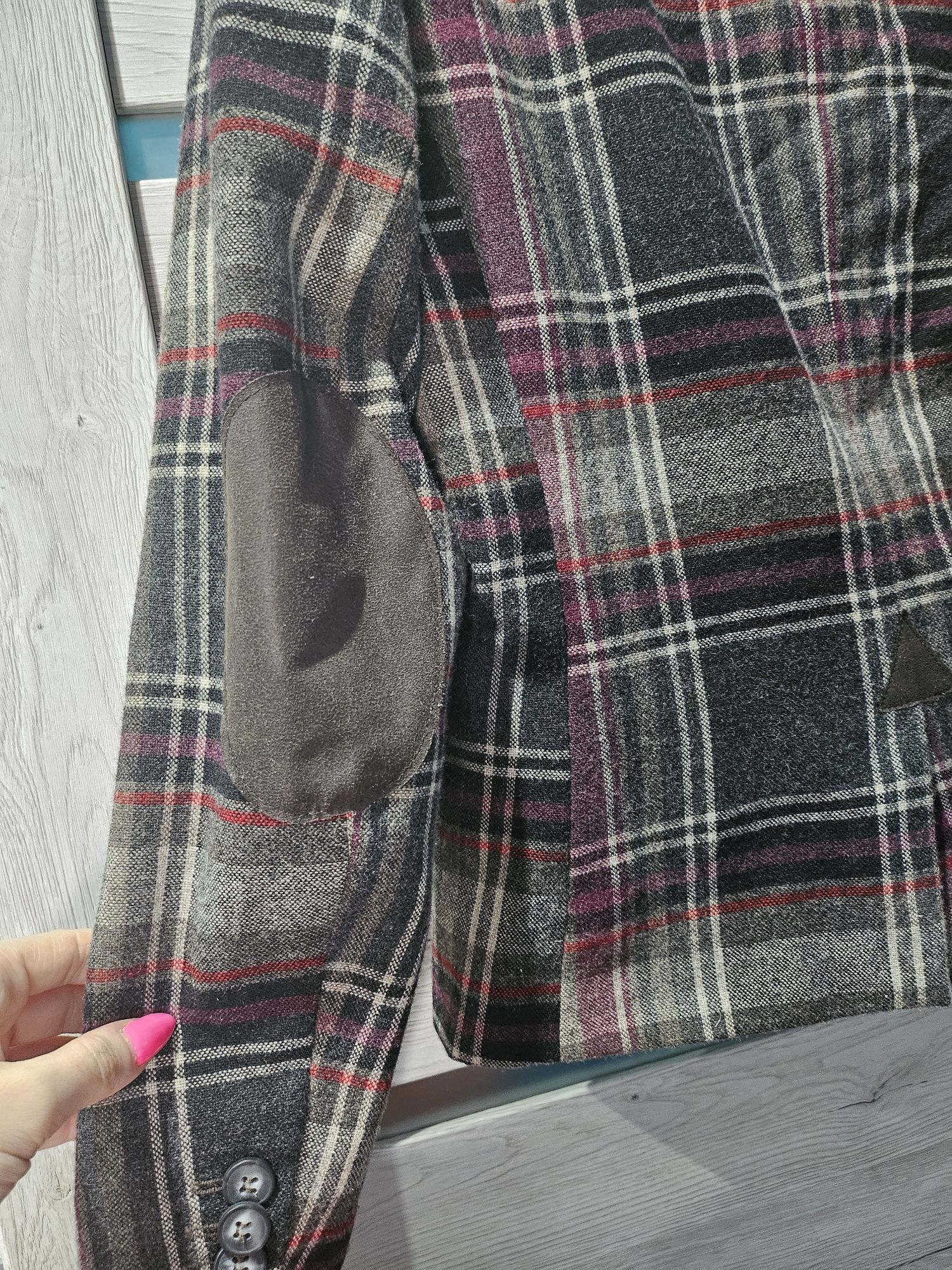 Marynarka/Żakiet Vintage, Retro, brązowa,w czerwono jasną kratę,wełna