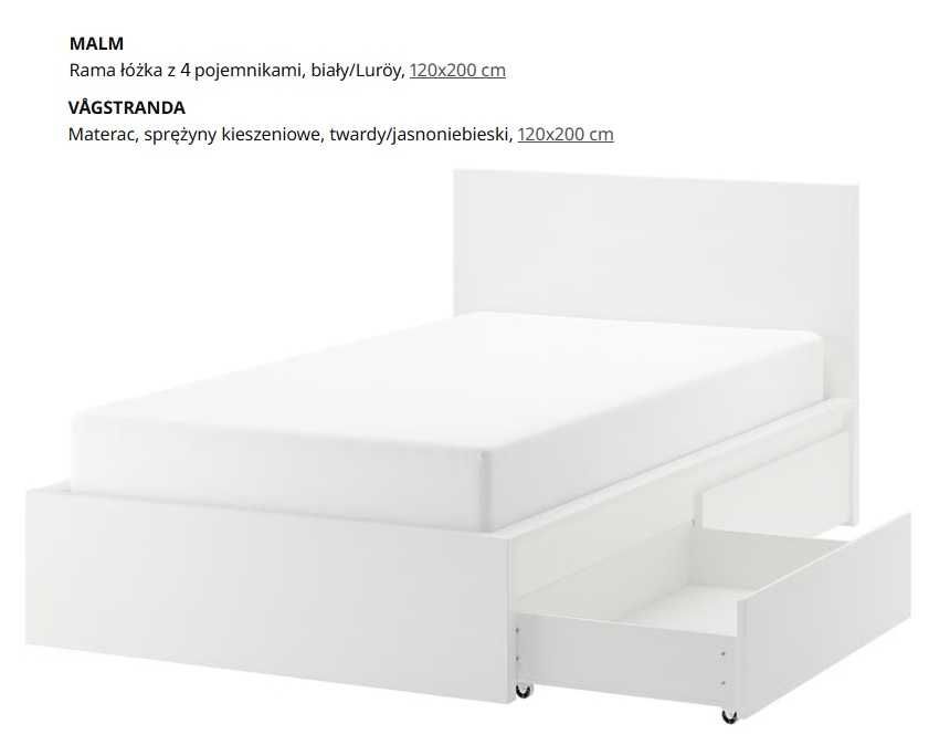 nowe, kompletne łóżko z IKEA (Malm + VÅGSTRANDA 120x200 + Luroey)