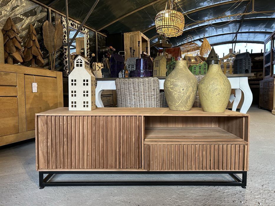 Komoda drewniana TEAK japandi szafka pod tv rtv ryflowana