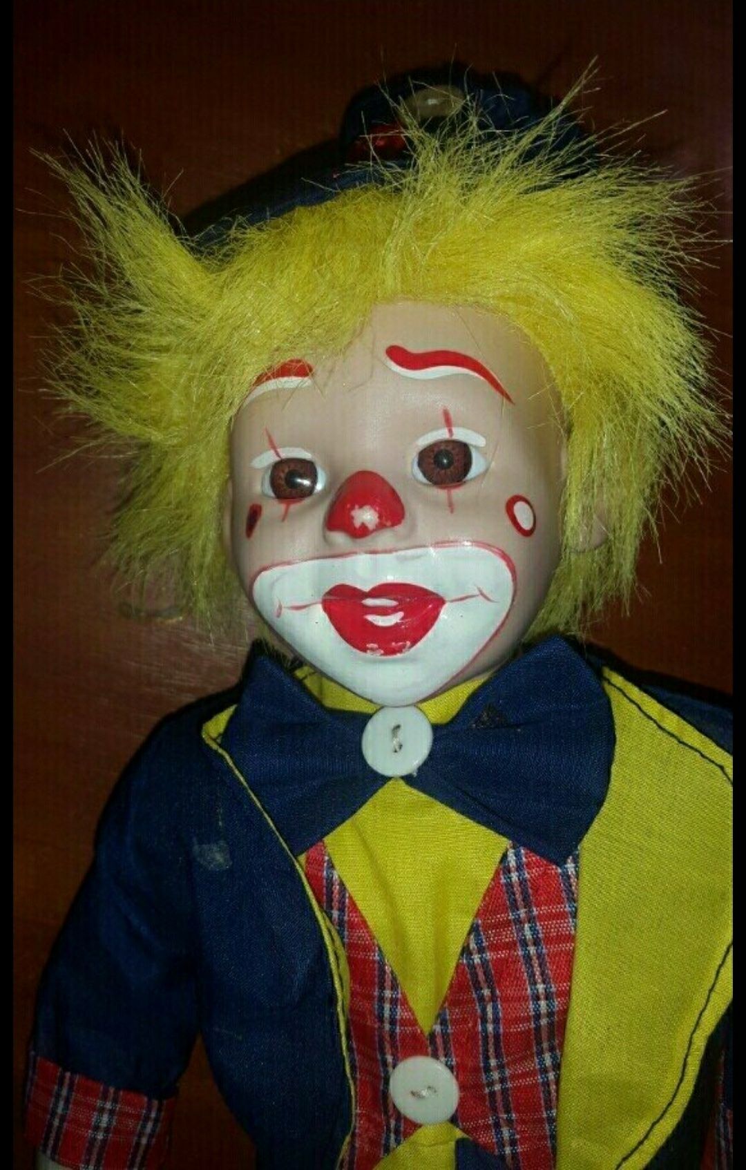 Фарфоровая кукла клоун музыкальный по ремонт, рост 35 см,