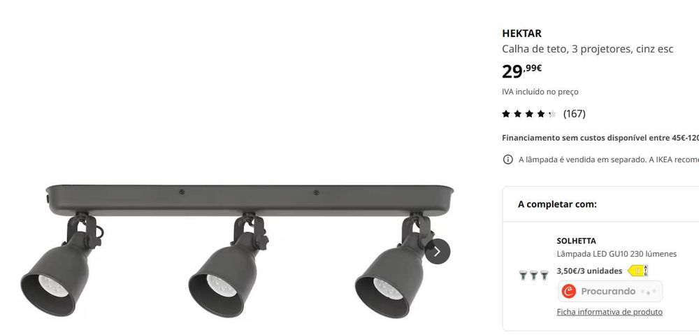 Candeeiro tecto 3 projectores - HEKTAR IKEA