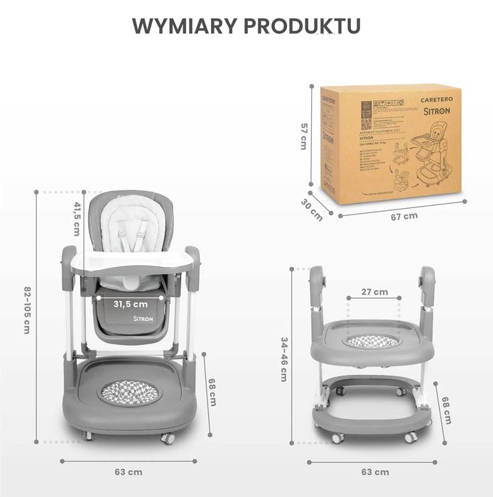 Caretero Sitron – 3w1 – huśtawka, chodzik i krzesełko do karmienia