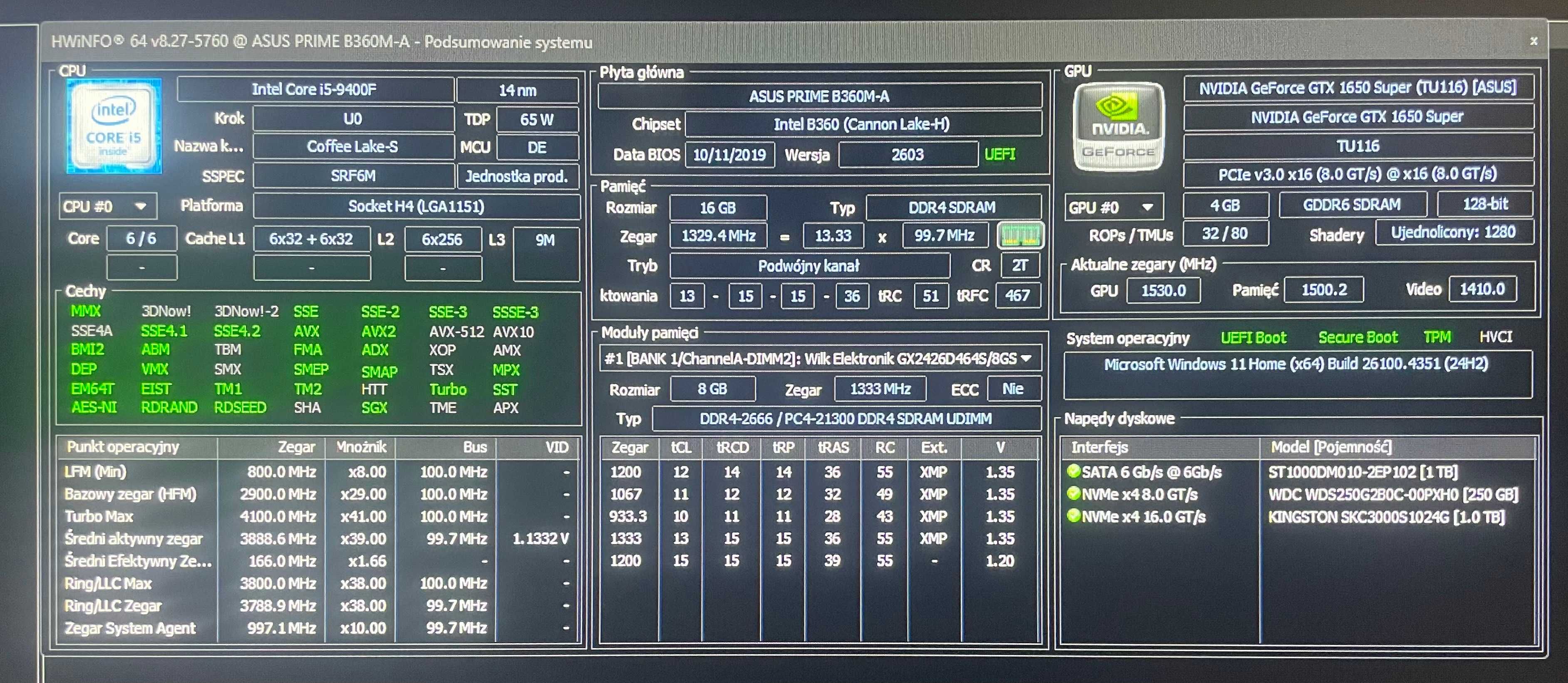 Komputer stacjonarny GTX 1650 Super,  i5-9400F, 16GB RAM, Win 11.