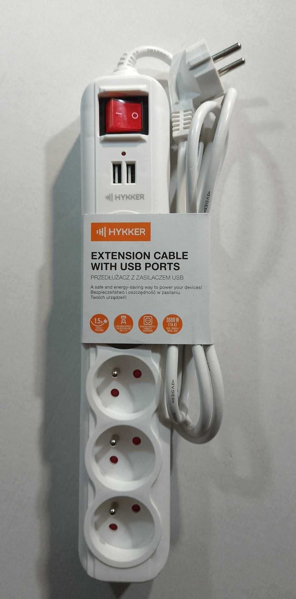 Przedłużacz z zasilaczem USB Hykker 1,5 m 5 gniazd z uziemieniem