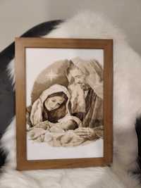 Obraz religijny haft krzyżykowy Jezus Maryja Józef rękodzieło prezent