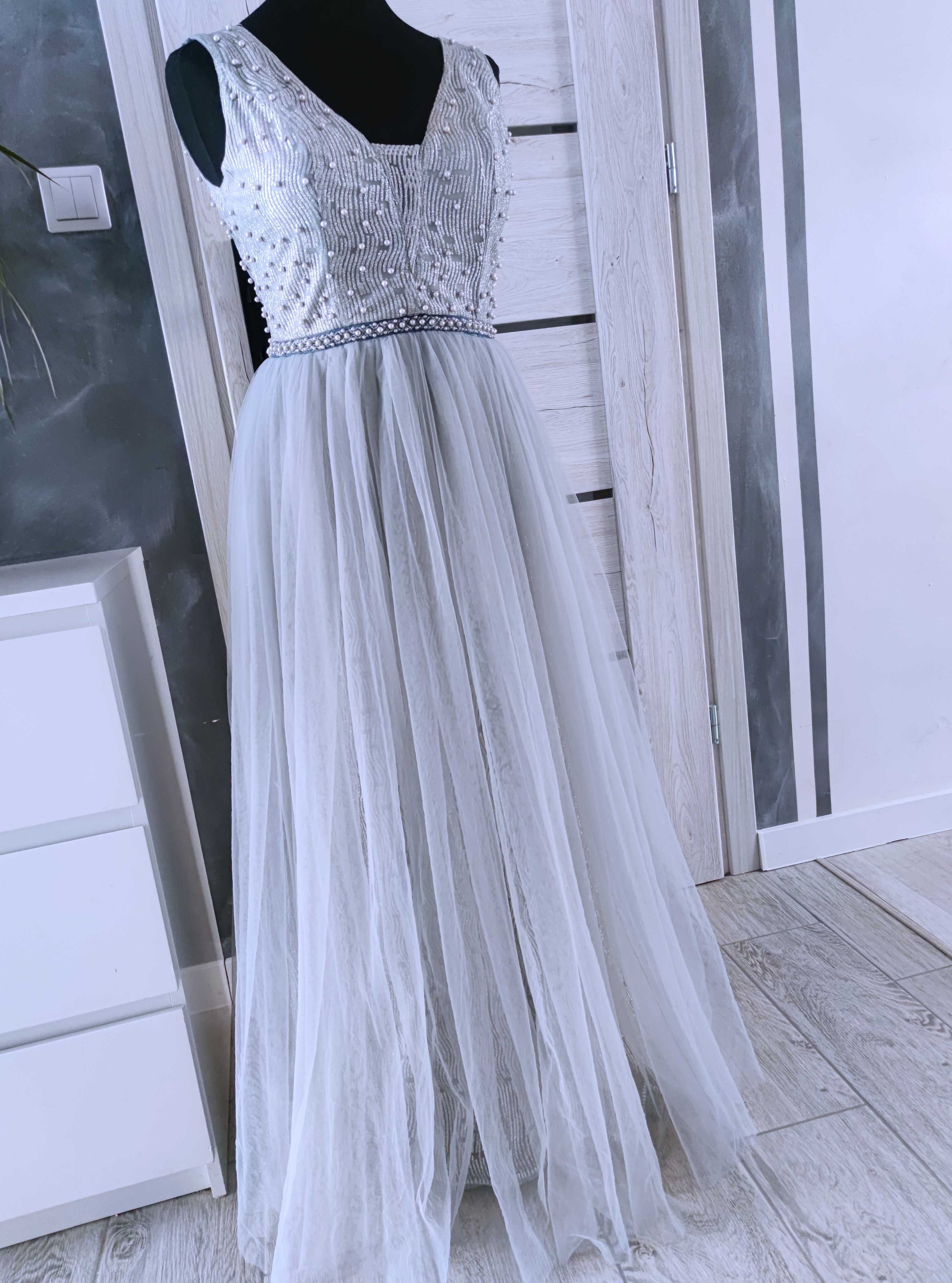 długa tiulowa suknia wieczorowa srebrna balowa rozmiar m 38 ślubna