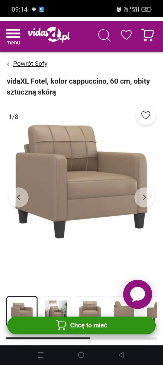 Wypoczynek sofa,fotel , kolor cappuccino.