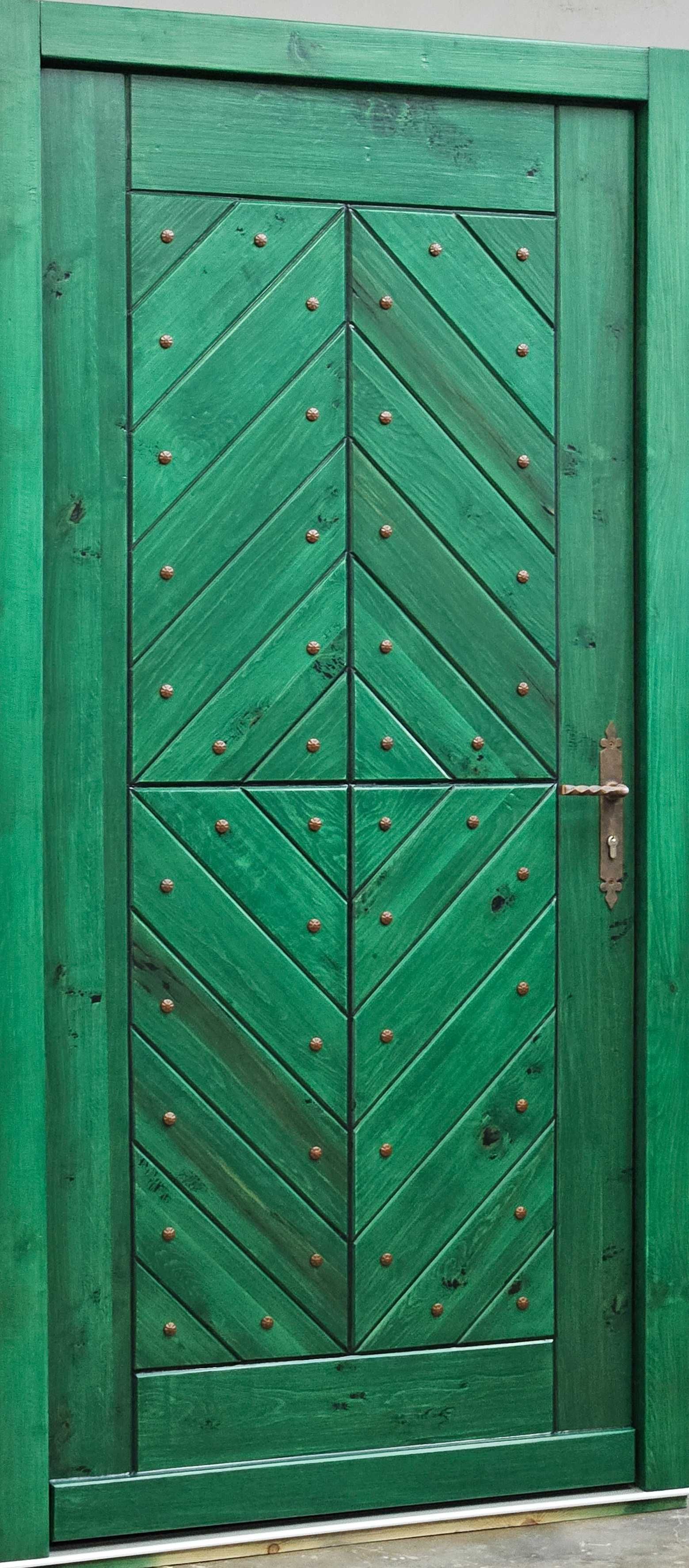 Drzwi zewnętrzne wejściowe góralskie retro zielone RAL6005 rdza GOTOWE