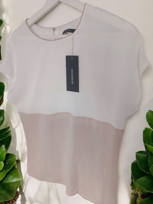 Bluzka Reserved NOWA biało-pudrowa color block z metką pastel casual