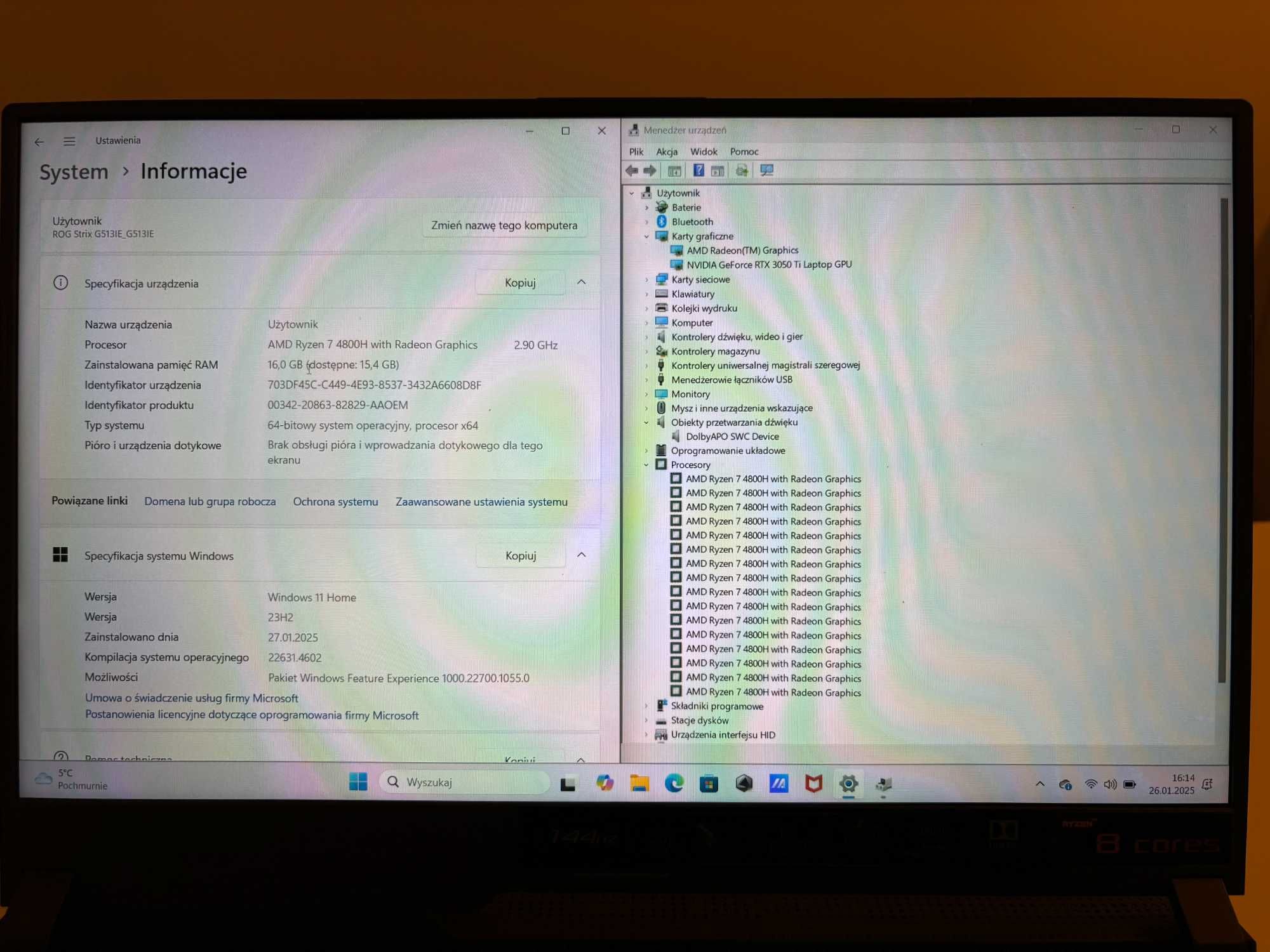 Laptop ASUS ROG STRIX / ryzen 7 4800h / RTX 3050Ti / 16 GB RAM / 512GB