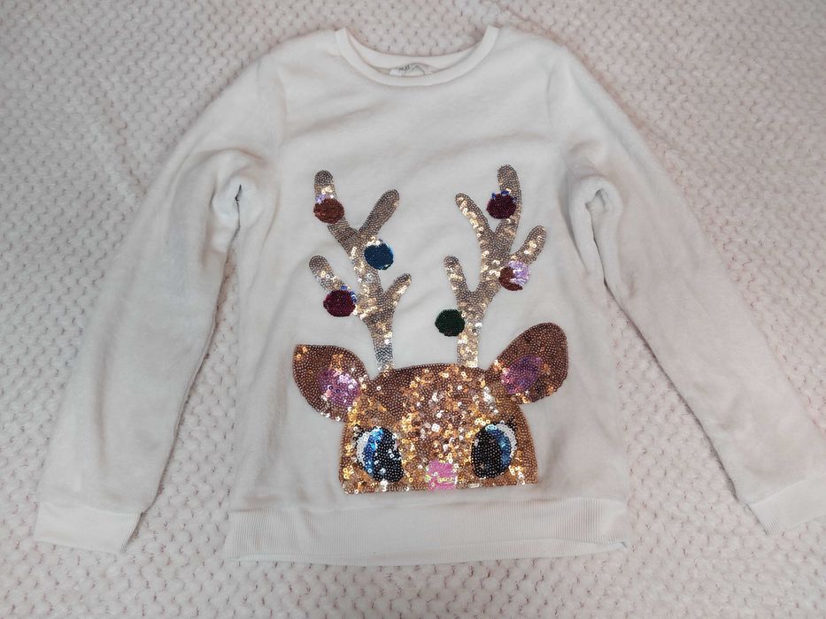 Biały świąteczny sweter dla dziewczynki, H&M, rozmiar 134-140
