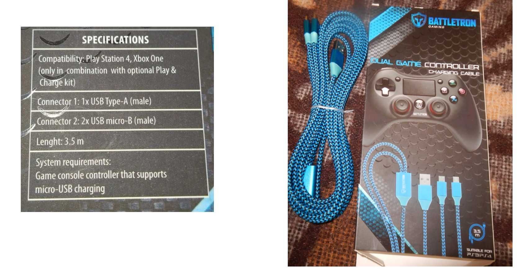 Wyprzedaż->Kabel ładujący pady PS3/PS4 Dual Batteltron B -2 zestawy