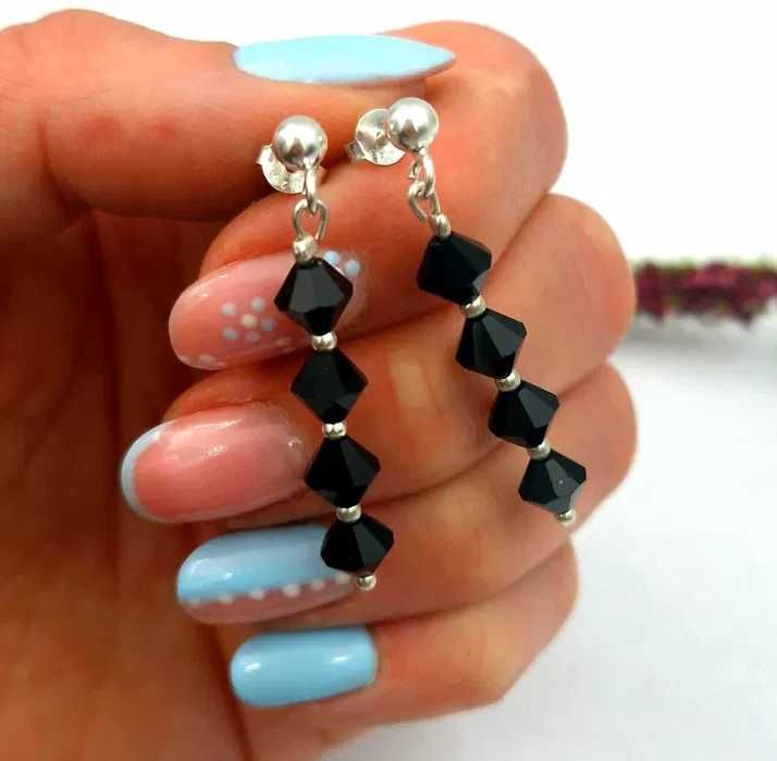 Długie SREBRNE kolczyki wiszące z czarnymi kamieniami próba 925 NOWE!