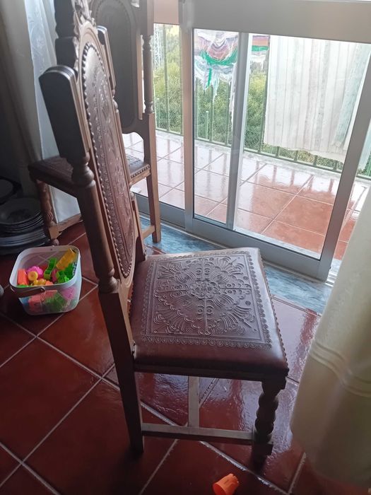 Cadeiras madeira e pele antigas