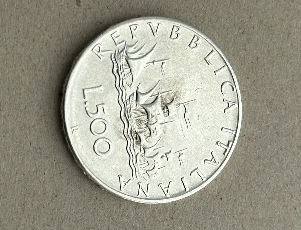 Монета 500 лір Італія срібло, кораблі колумба