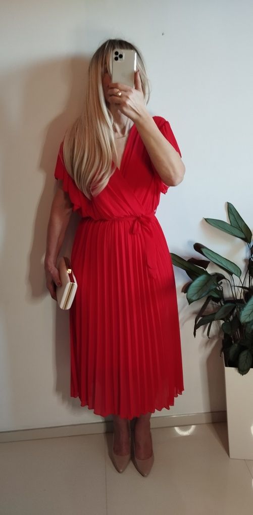 Sukienka 2xl 44 wesele chrzciny wieczorowa plisowana elegancka midi