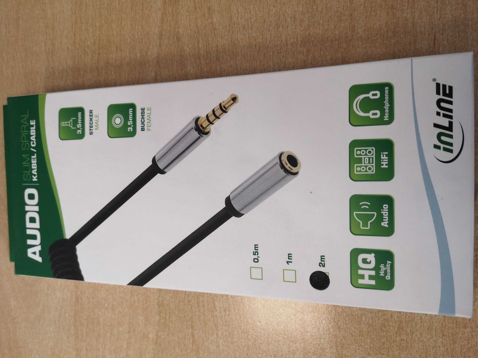 Przewód spiralny slim audio inline 2m Jack 3.5 mm pozłacany przedłużka