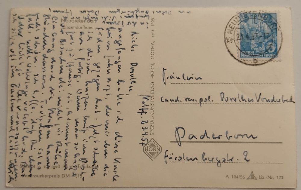 Stara pocztówka Neudietendorf 1957r. Obieg,  znaczek.