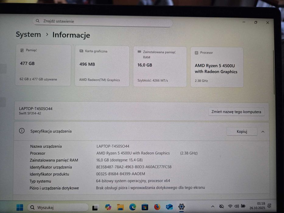Laptop Acer Swift3, 14 ", AMD Ryzen™ 5, 16 GB RAM, 512 GB SSD, Win 11
