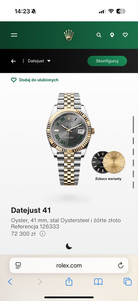 Piękny Rolex Datejust 41 mm Stal/złoto Wimbledon FULL SET STAN 10/10