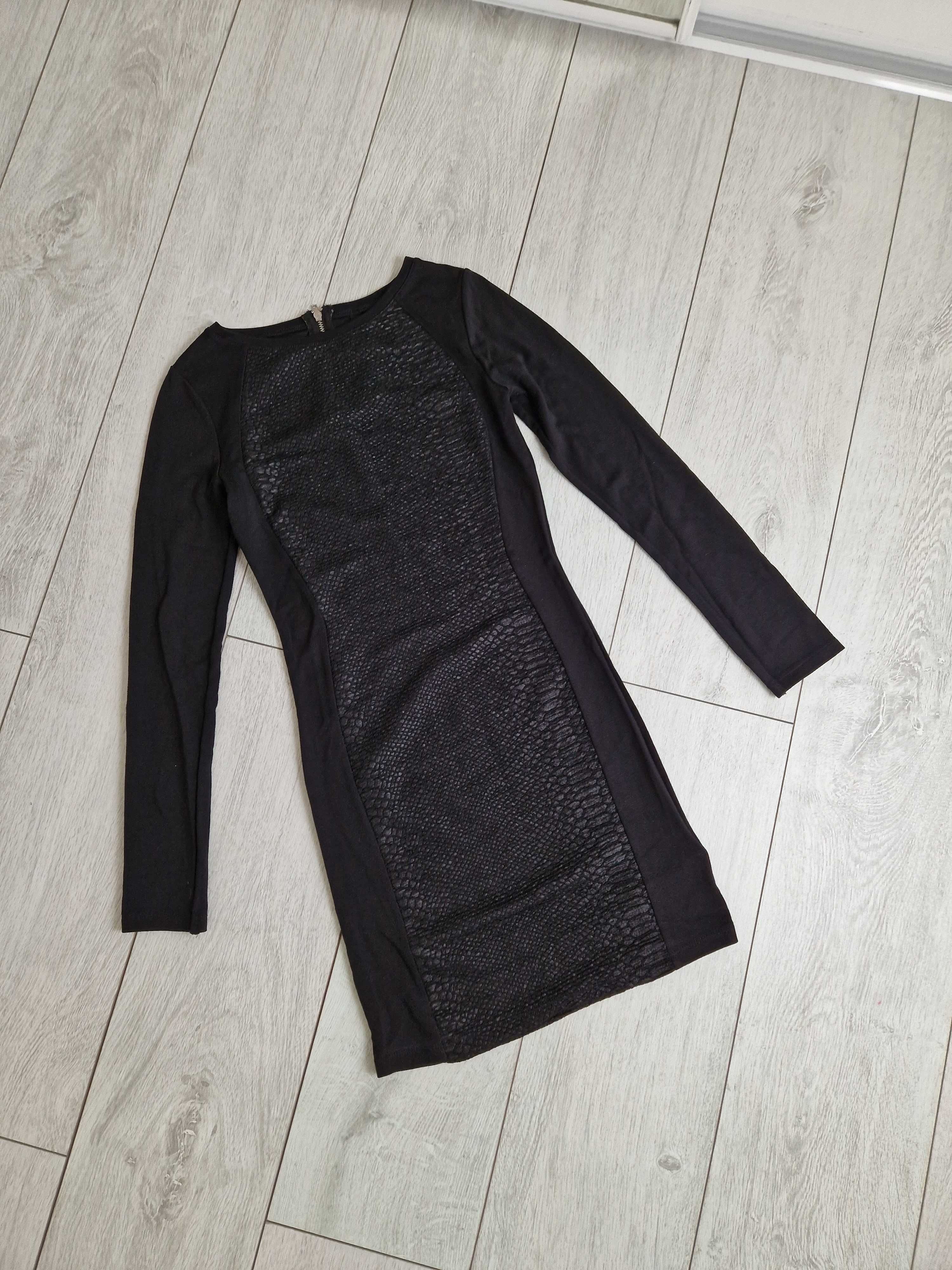 H&M czarna sukienka dopasowana wężowy wzór z długim rękawem mini 34