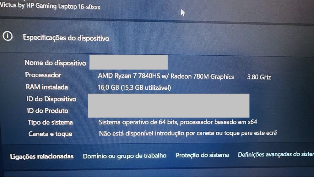Portátil Victus ryzen 7 7840hs com fatura e caixa