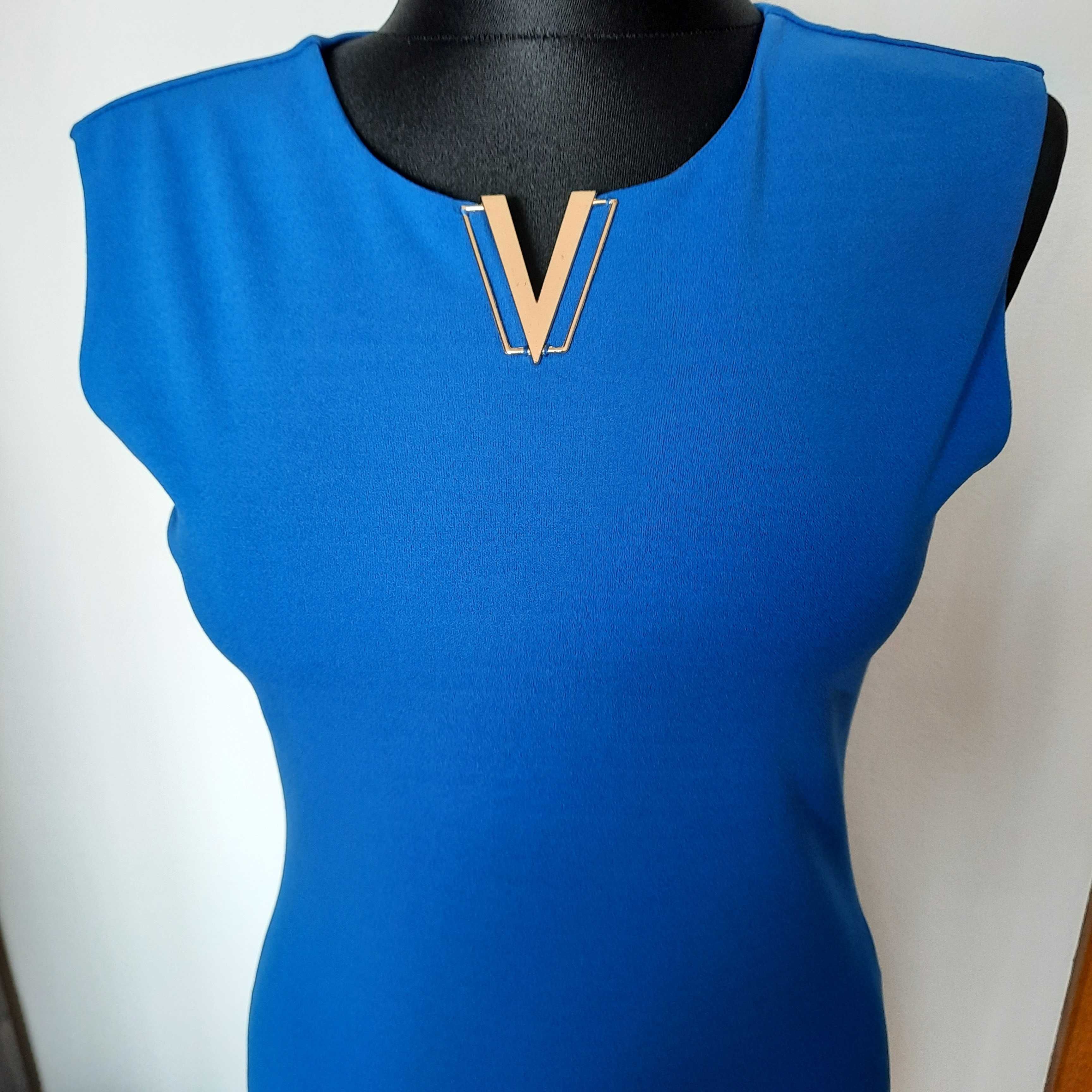 Pronto Moda Vubu sukienka mini gładka elegancka kobalt taliowana M 38